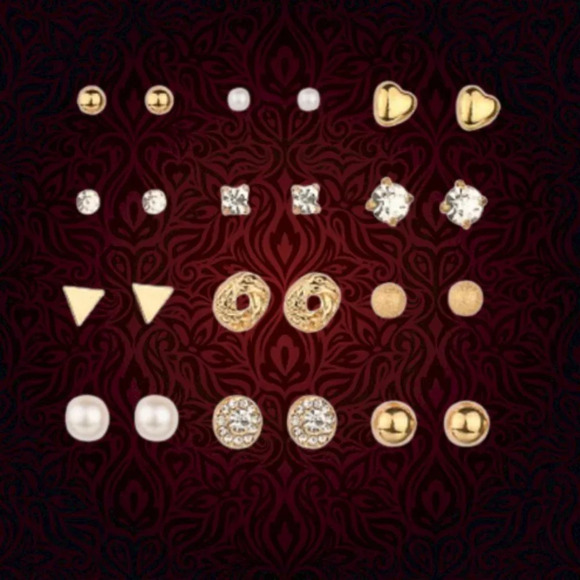 🌸12 Pair 14K Gold Silver Simple Classic Crystal Pearl Spark Stud Earrings, F273 - Picture 6 of 9